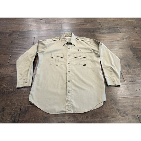 Vintage Duxbak Mens Tan Long Sleeve Fishing Embroidered Fly Fishing Shirt Size L - Picture 2 of 9